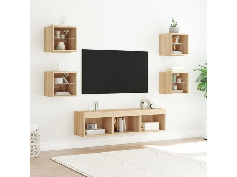  Meuble tv - unités murales tv avec led 7 pcs chêne sonoma bois d'ingénierie  - Conforama C