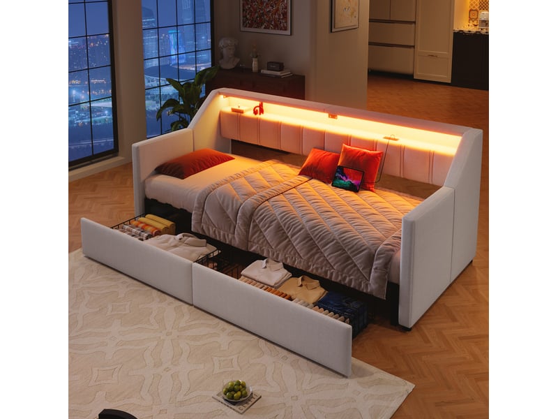 Lit enfant gigogne extensible 90 x 200cm 2 tiroirs usb type‑c led multicolore lin, mdf, beige sans matelas - Conforama R
