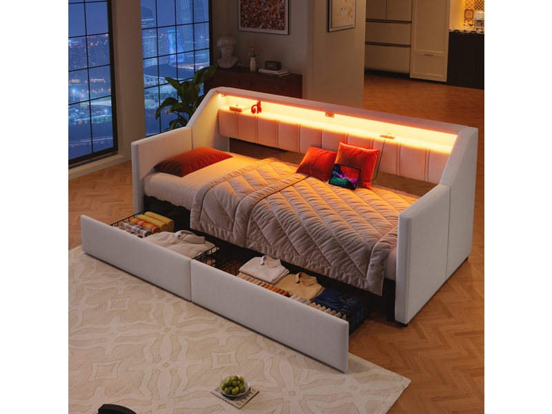  Lit enfant gigogne extensible 90 x 200cm 2 tiroirs usb type‑c led multicolore lin, mdf, beige sans matelas  - Conforama R