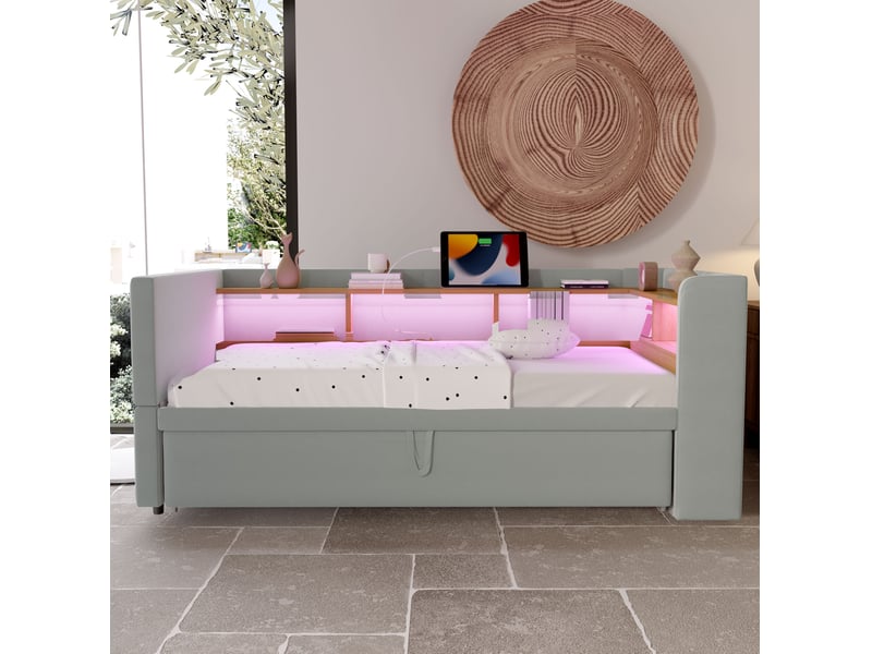 Canapé-lit extensible 90180 x 190 cm gris clair avec led, prises et rangements - Conforama B