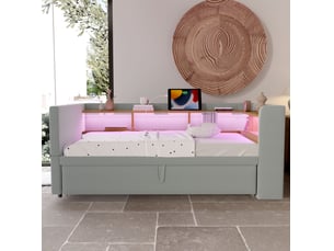 Canapé-lit extensible 90180 x 190 cm gris clair avec led, prises et rangements