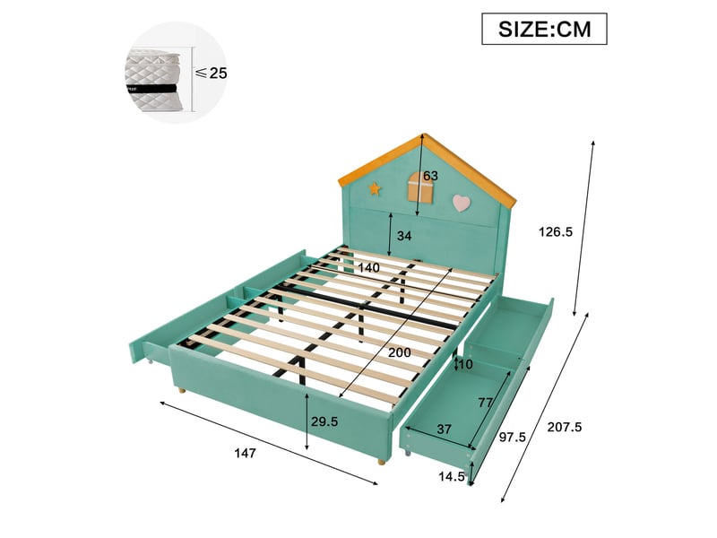  Lit enfant maison 140x200 cm avec 4 tiroirs bleu-vert sans matelas  - Conforama E
