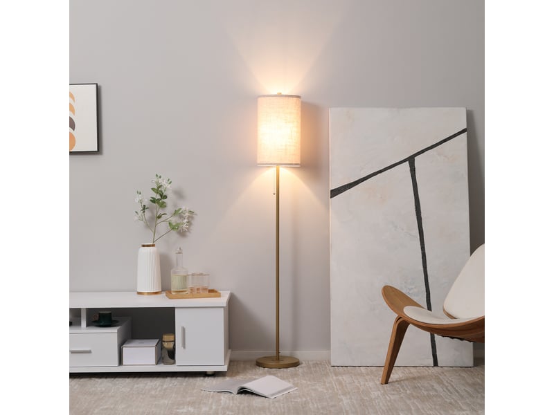  Lampadaire avec interrupteur à chaînette, abat-jour en lin et base en acier, douille e27, doré et crème  - Conforama C
