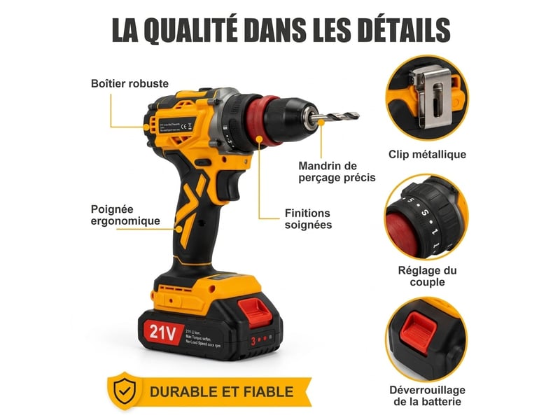  Perceuse visseuse sans fil brushless 45nm, 2 vitesses, éclairage led, avec 2 batteries, chargeur, mallette de transport et accessoires – outil électroportatif pour bricolage et maison  - Conforama B