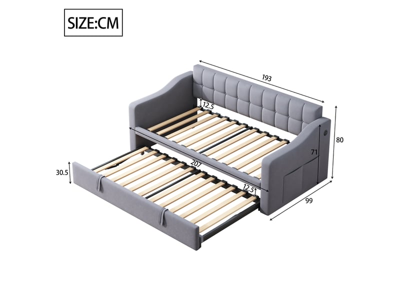 Canapé-lit convertible 90/180x190 cm, velours gris, ports usb, sans matelas - Conforama C