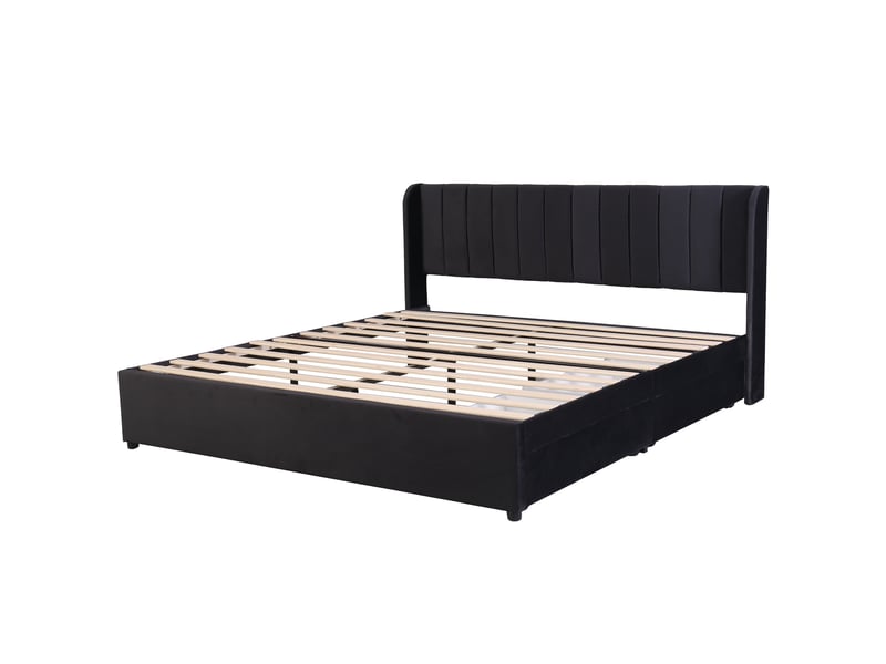  Lit capitonné en velours 180 x 200 cm avec sommier à lattes, tête de lit et 2 tiroirs, noir  - Conforama D