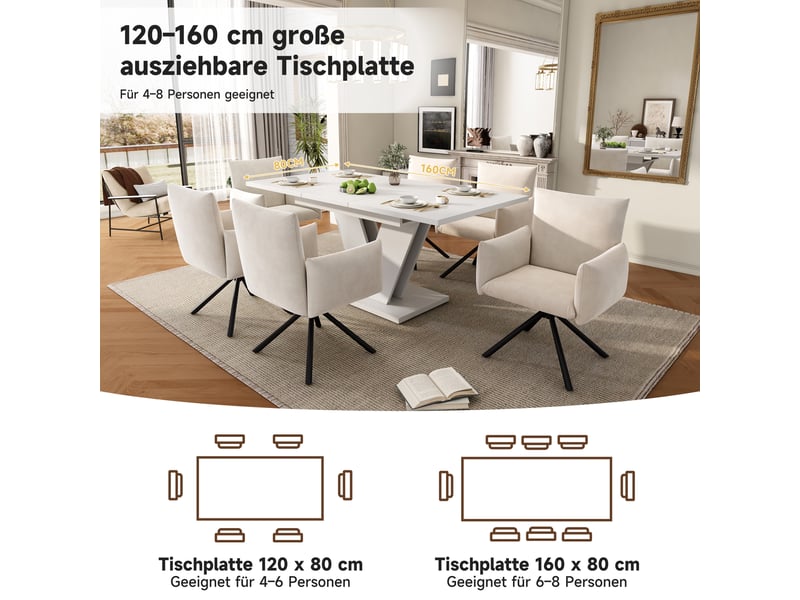  Ensemble table et chaises salle a manger 120160 × 80 cm avec table à rallonges, velours, table à manger avec 6 chaises beiges  - Conforama W