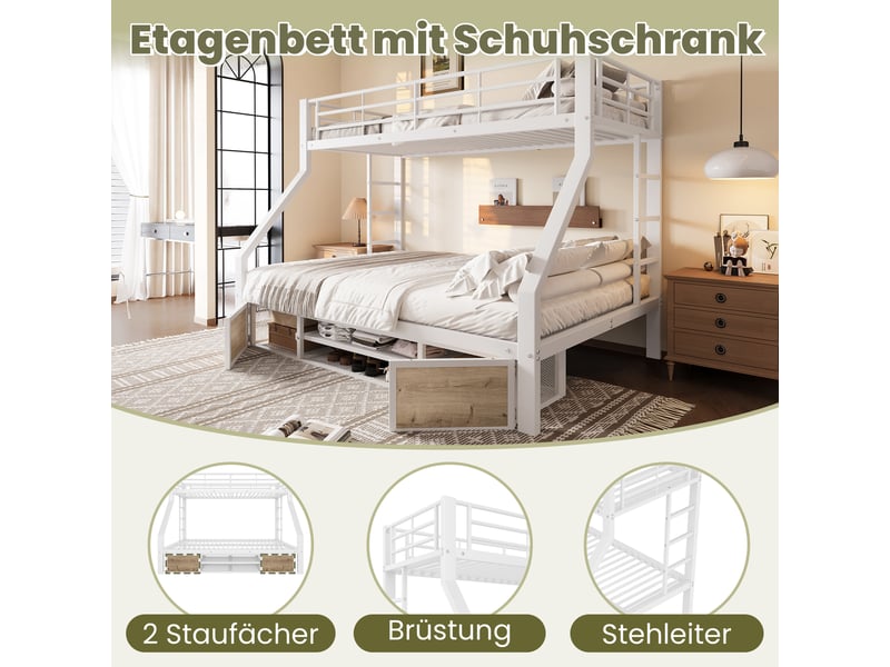  Lit superposé 90x200 et 140x200 en métal, lit enfant avec rangement intégré et échelle, certifié en747, blanc  - Conforama D