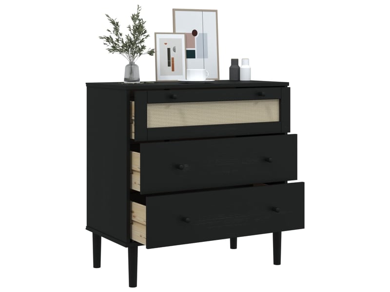  Commode, armoire à tiroirs bureau senja aspect de rotin noir bois de pin solide  - Conforama D