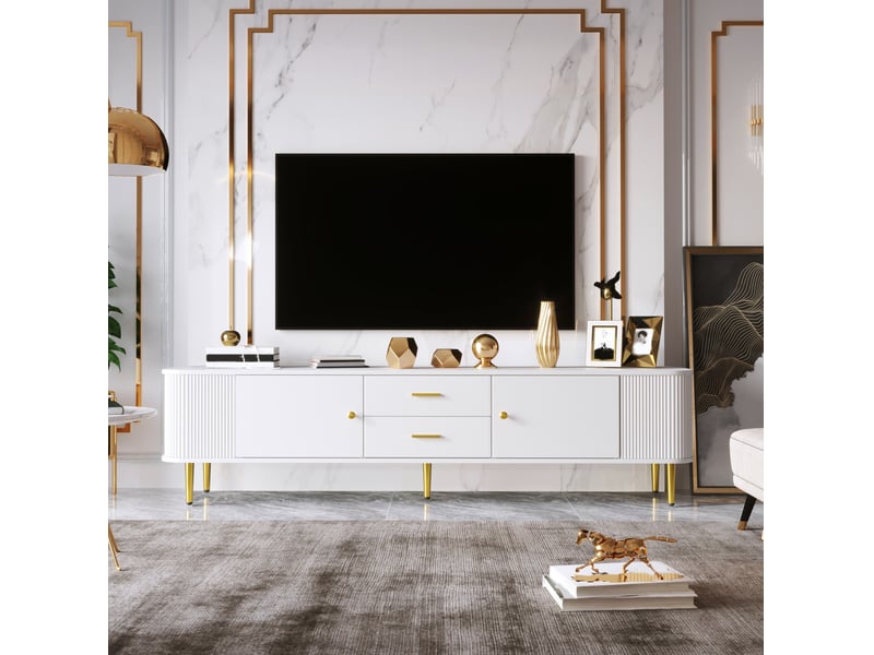  Meuble tv modenvie 170 x 34 x 45 cm mdf blanc détails dorés 2 tiroirs 2 portes  - Conforama D