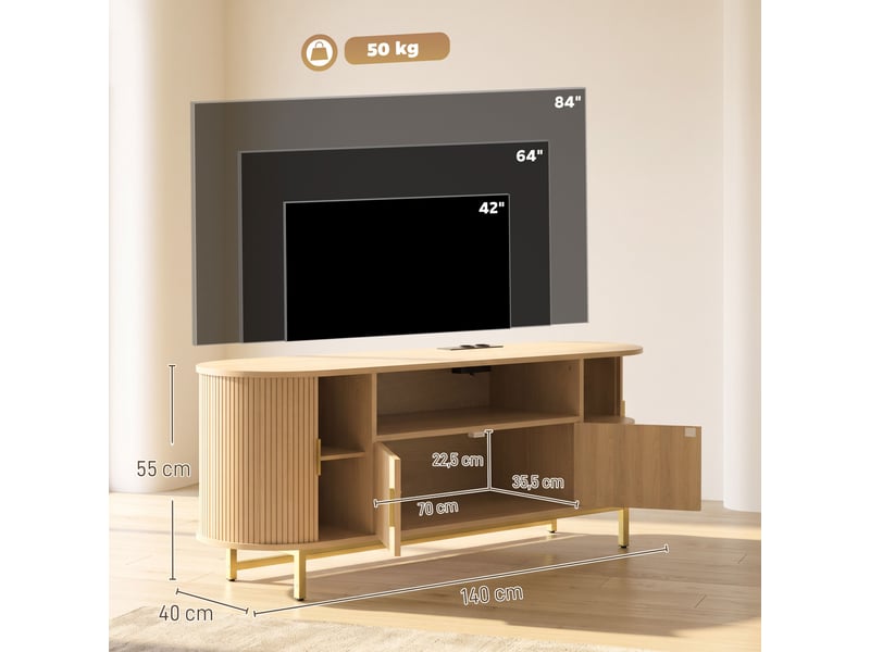  Meuble tv design ovale effet bois clair métal doré 2 portes coulissantes  - Conforama C