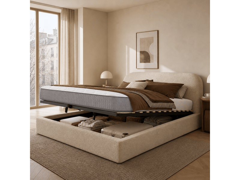  Lit coffre adulte 180 x 200 cm beige bouclé avec sommier à lattes tête de lit rembourrée matelas inclus hydraulique  - Conforama B