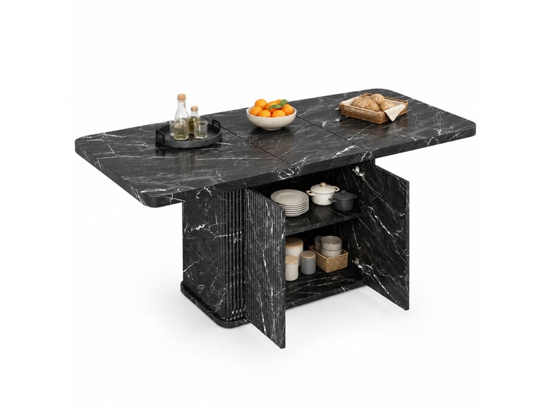  Table de salle à manger extensible 140 à 180 x 80 cm noire mdf métal, rangement dissimulé intégré  - Conforama A