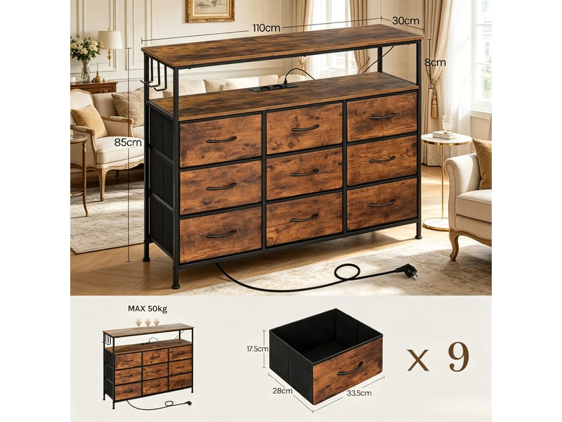  Commode 9 tiroirs 2 étagères avec multiprise et led marron rustique 110x30x85 cm T5828P540316 - Conforama C