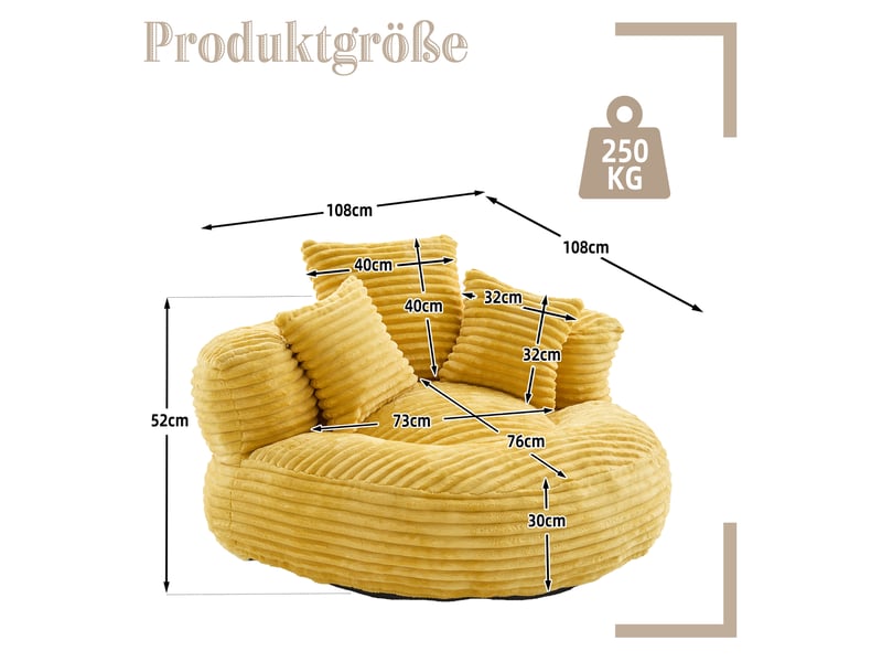 Canapé en velours côtelé moutarde avec dossier haut, accoudoirs et rangement intégré 108x108x52 cm  - Conforama C