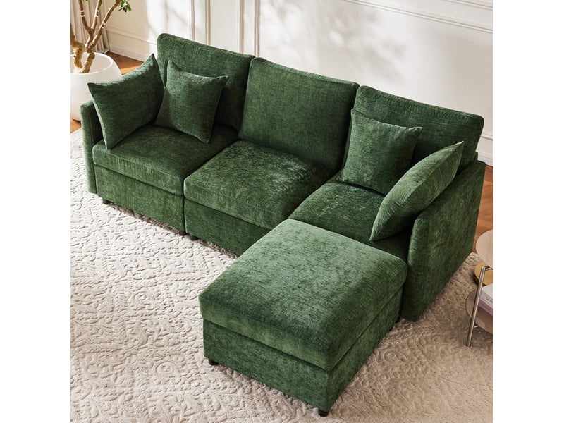  Canapé d'angle en l ,4 places,avec tabouret mobile et 4 coussins chenille,216x161x81,vert  - Conforama D