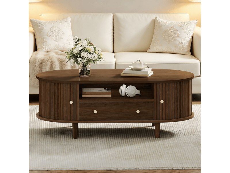  Table basse ovale 100 x 50 x 36 cm – coloris noyer – rangement intégré avec tiroir et portes coulissantes  - Conforama D
