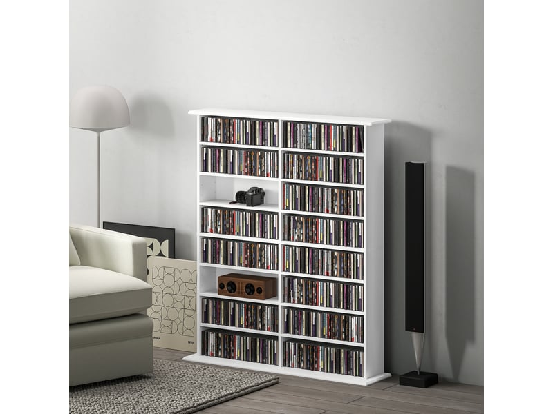 Rangements pour cd et dvd avec 16 compartiments et 12 étagères réglables, capacité max. 720 cd396 dvd et blu-ray, blanc  - Conforama C
