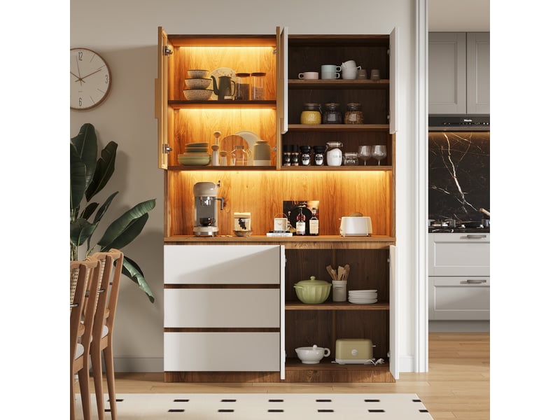  Armoire de cuisine 120,5x40x180 cm avec led, 3 tiroirs, 6 portes et étagères de rangement  - Conforama B