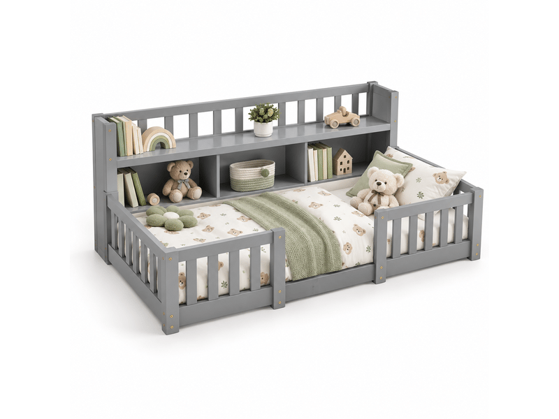 Lit enfant 90x200 avec sommier et bibliotheque, lit au sol avec rangement étagère et barrière de sécurité, lit montessori, 1 place - Conforama A