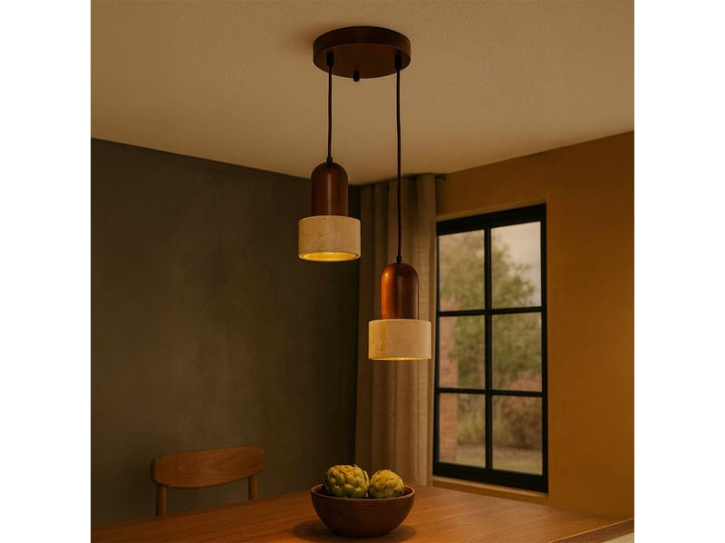  Suspension design 2 spots en travertin et effet bois noyer iris  - Conforama D