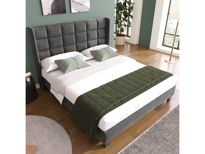  Lit rembourré 140x200cm en lin gris, tête de lit haute, sommier à lattes inclus, sans matelas, design moderne  - Conforama C