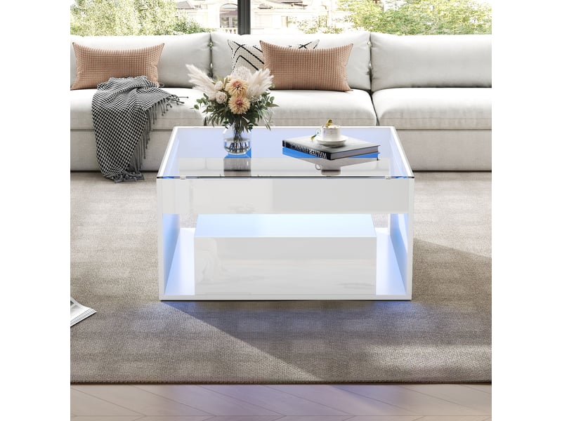  Table basse carrée 70x70 blanche laquée avec led, plateau en verre trempé et 2 tiroirs de rangement  - Conforama C