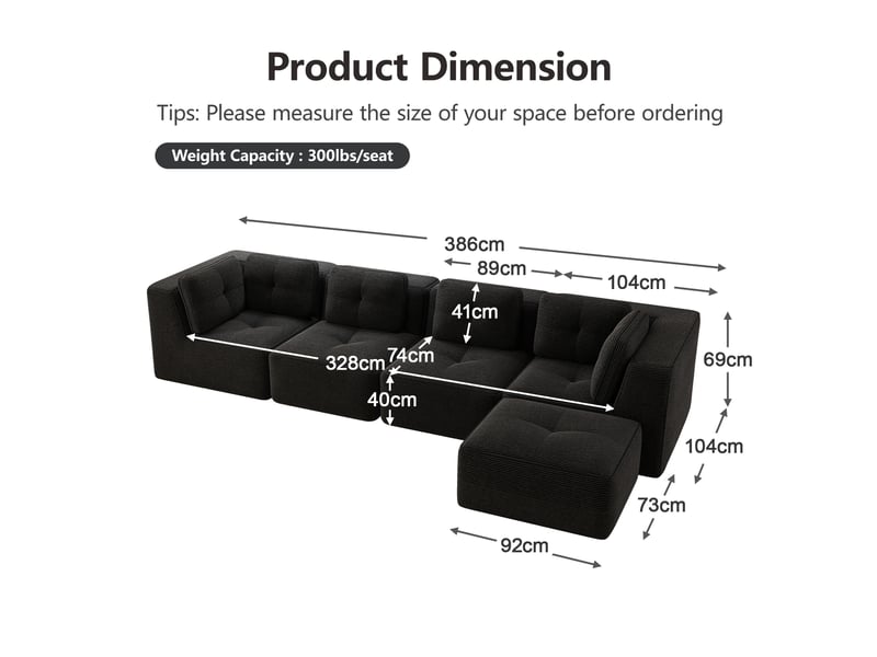  Canapé d'angle modulable sans cadre avec assise profonde et coussins moelleux en velours côtelé noir  - Conforama E
