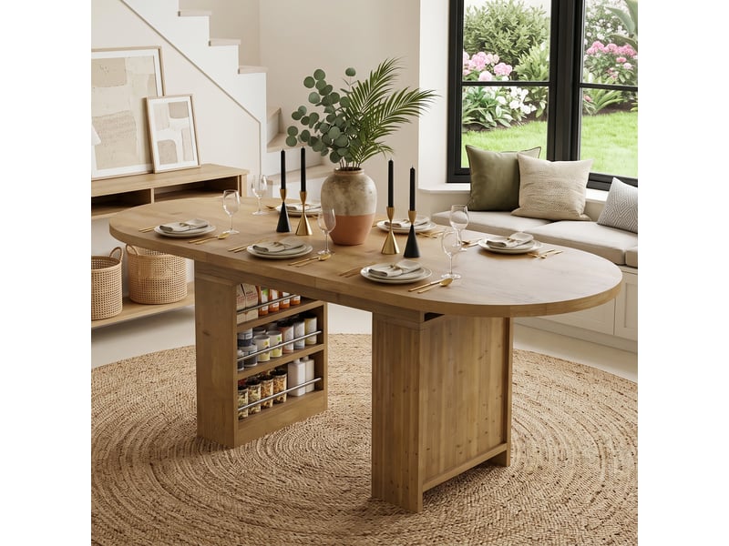  Table à manger extensible 150-200x90x76 cm pour 6-8 personnes, rangement intégré, plateau épais style scandinave, mdf, effet chêne  - Conforama E