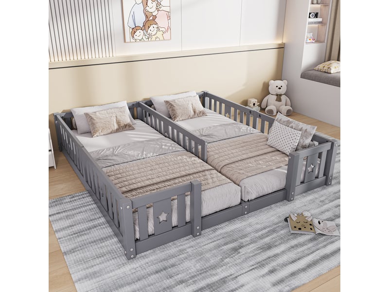 Lit au sol enfant 180x200cm - lit montessori avec barrière de sécurité - lit double 2 places pour bébé ou enfant - pin massif gris - sans sommier - Conforama R