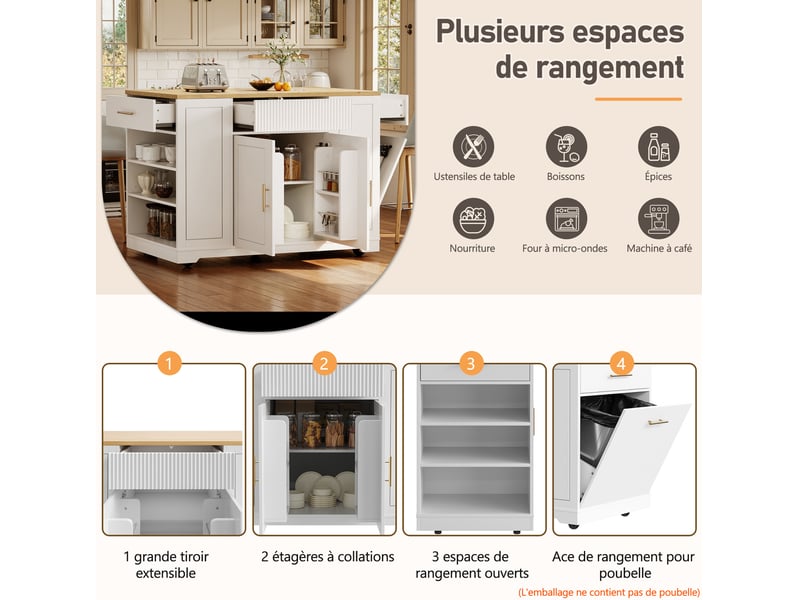  Îlot de cuisine 120x50x92 cm avec tiroirs, portes, roulettes et étagères, pour cuisine, en mdf et métal, bois et blanc  - Conforama D