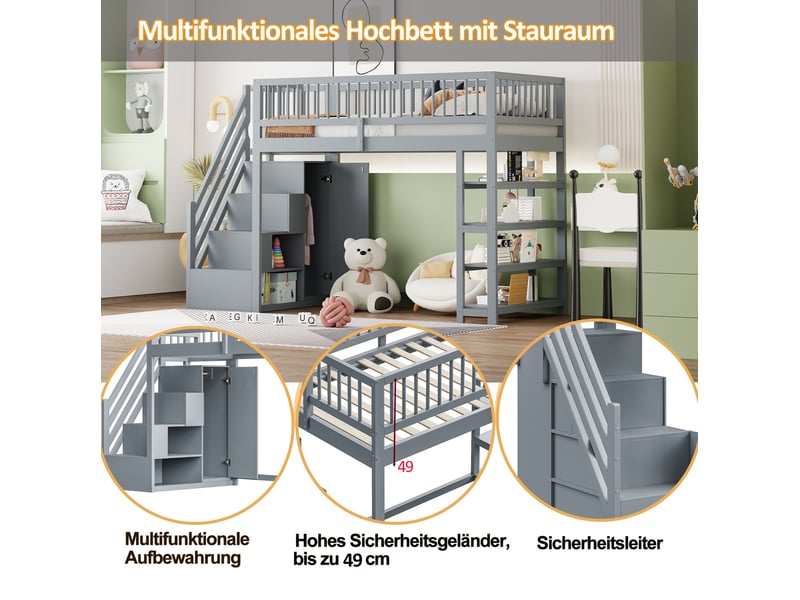 Lit mezzanine enfant 90x200 cm – gris – armoire, rangements, étagères et échelle sécurisée, sans matelas - Conforama E