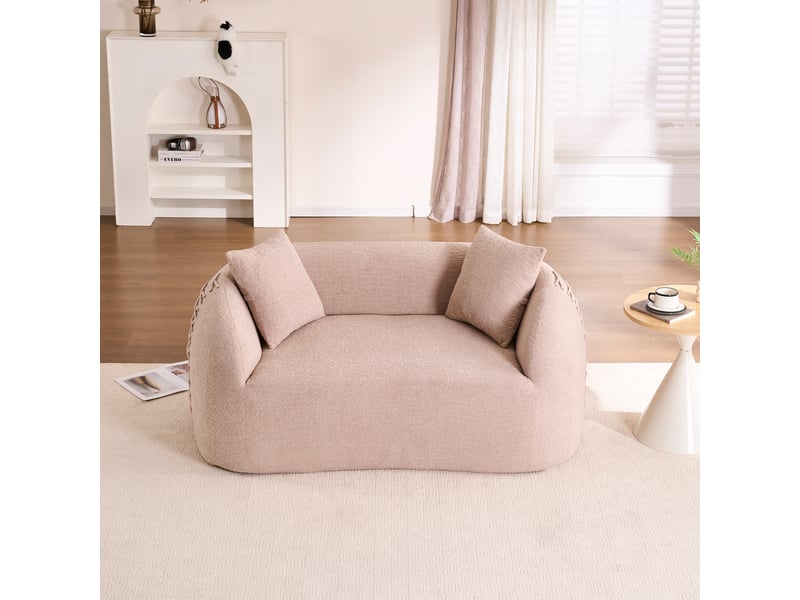 Canapé compressé 2 places 155x90x67 cm sans montage, sans structure, accoudoirs avec lacets, 2 coussins, mousse, tissu chenille crème abricot - Conforama C