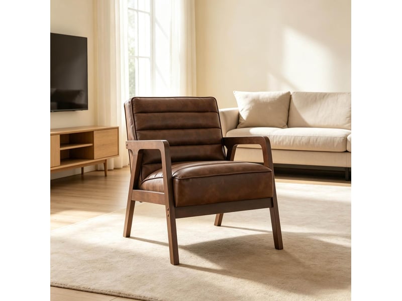 Fauteuil de salon en bois avec assise rembourrée, revêtement pu marron antique - Conforama D