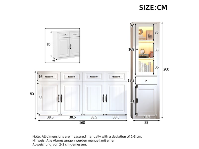 Ensemble buffet et vitrine 160x35x80+55x40x200 cm, avec led, portes vitrées, vaisselier, rangement de salon, mdf blanc - Conforama C