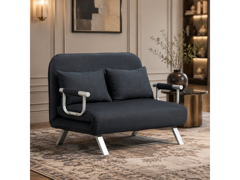 Canapé convertible 2 places avec dossier réglable en 5 positions et coussins, tissu suédé et métal noir - Conforama C