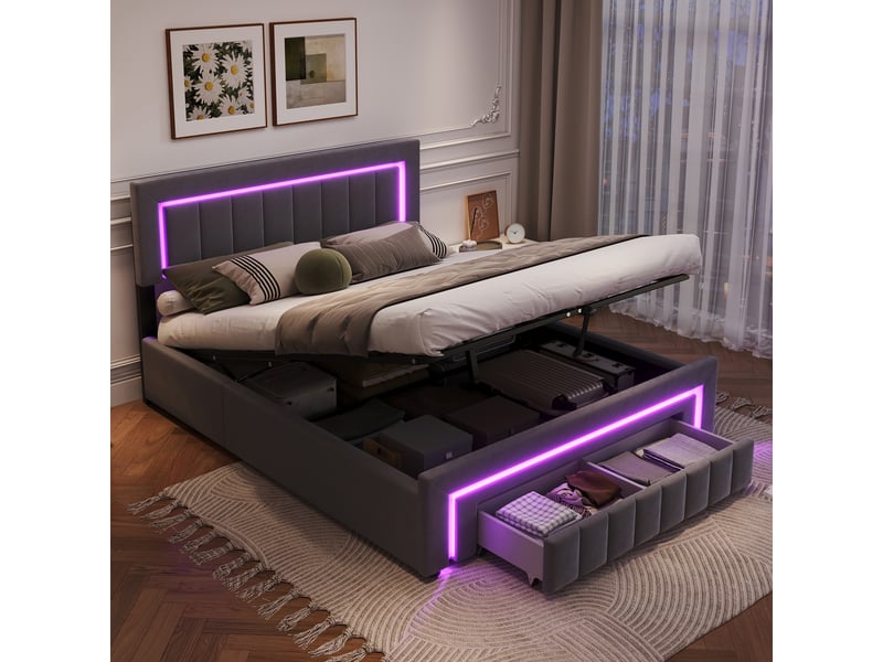  Lit double 140x190 cm avec rangement, tiroir et led blanc chaud gris homvra  - Conforama D