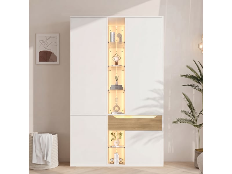  Armoire penderie 122 x 50 x 200 cm - 1 barre de penderie - 1 tiroir - éclairage led - vitrine en verre - rangements ouverts - blanc  - Conforama B