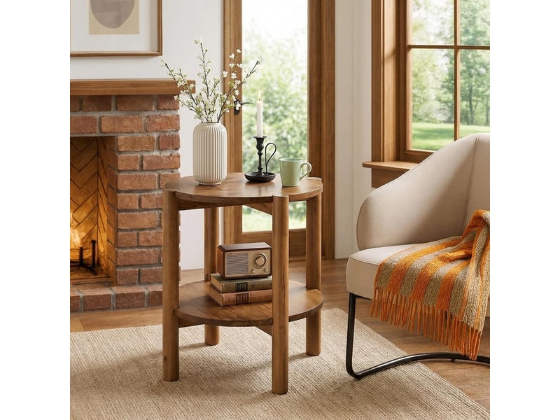  Table d'appoint ronde en bois massif à 2 niveaux, table de canapé compacte  - Conforama E