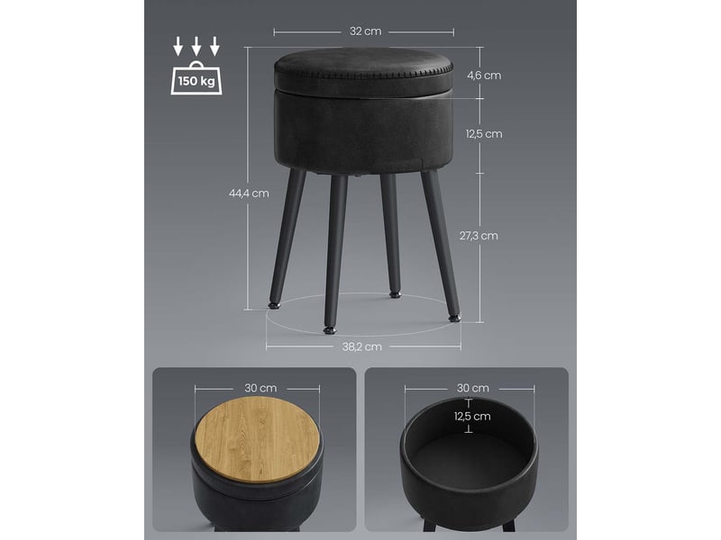  Pouf de rangement tabouret de coiffeuse pu avec coutures moderne mi-siècle tabouret de rangement rond avec pieds en acier capacité 150 kg noir 12_0005359  - Conforama D