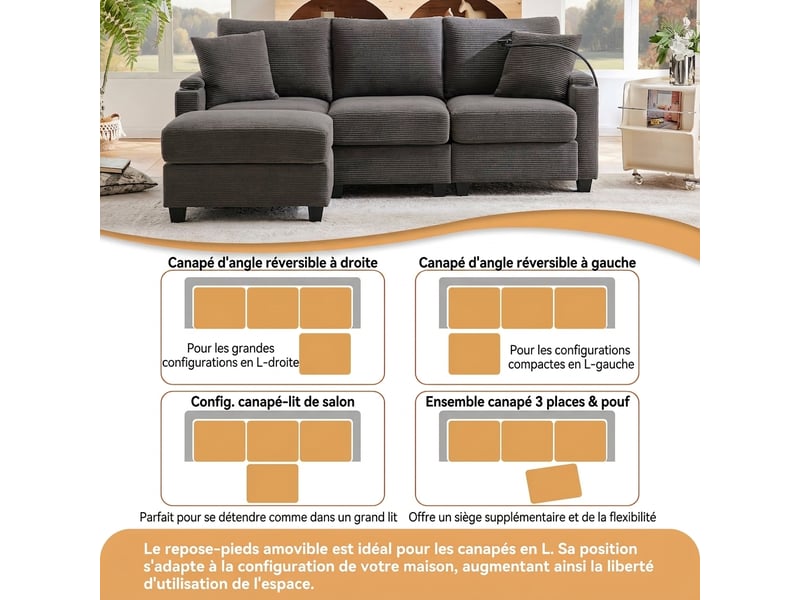  Canapé d'angle réversible 3 places avec pouf - velours côtelé gris foncé - port usb &amp; porte-gobelet  - Conforama R