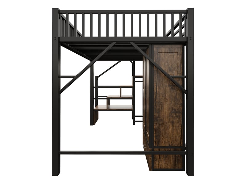  Lit mezzanine avec grande penderie et rangements, métal noir, 140x200 cm, tiroirs et échelle-rangement  - Conforama D