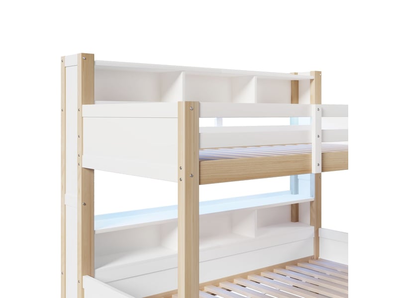 Lit superposé 90 x 200 + 140 x 200 cm échelle barrière de lit compartiments ouverts position d’échelle modulable tiroir éclairage led blanc et naturel - Conforama D
