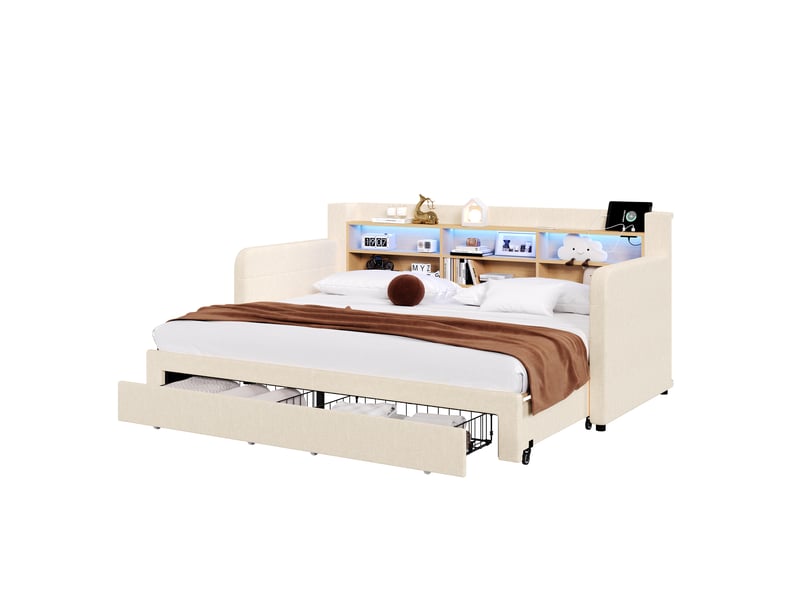 Canapé-lit 90 x 200 cm - avec lit gigogne - avec éclairage led - avec 2 tiroirs - tissu velours - beige (matelas non inclus) - Conforama A