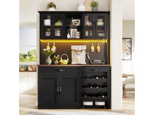 Armoire de cuisine 140cm avec chariot à roulettes, buffet haut avec led et casier à vin, armoire de rangement noir et bois
