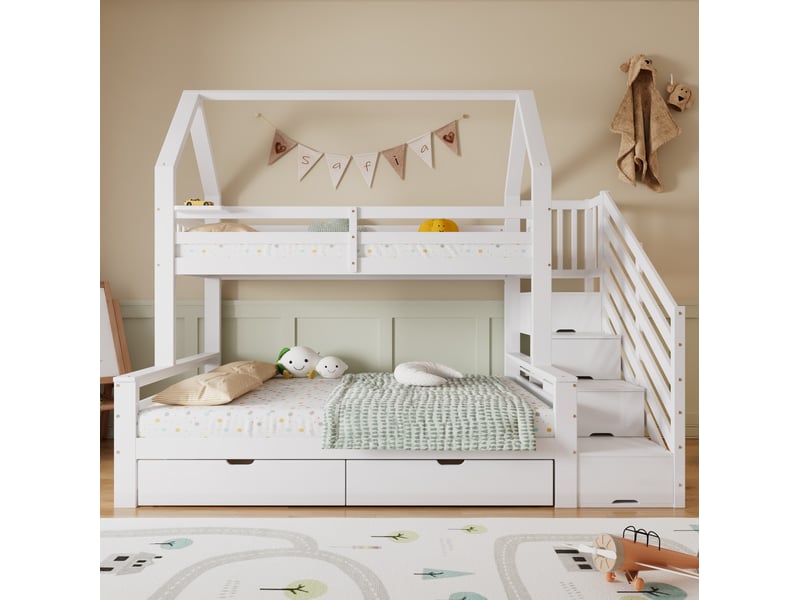Modenvie lit superposé enfant 90x200 cm et 140x200 cm - avec rangement, design cabane, sans matelas - blanc - Conforama D