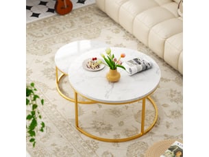 Lot de 2 tables basses blanches et dorées avec plateau mdf effet marbre