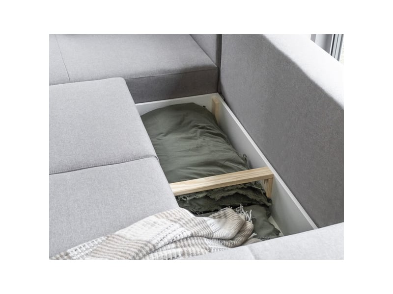  Canapé d'angle convertible hasgard 3 places gris 248x162 cm – coffre et pieds bois  - Conforama E