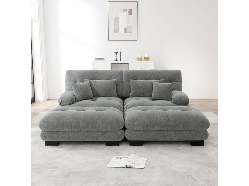  Canapé d'angle modulable avec ottomans, coussins lombaires et dossier confort en chenille gris 220 × 145 × 81 cm  - Conforama C