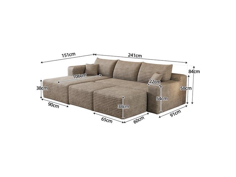 Canapé d'angle modulaire 3 places avec 2 poufs 241 x 151 x 58 cm, assise profonde, design nuage, livré monté, velours côtelé, chameau Bliss Lite - Conforama C